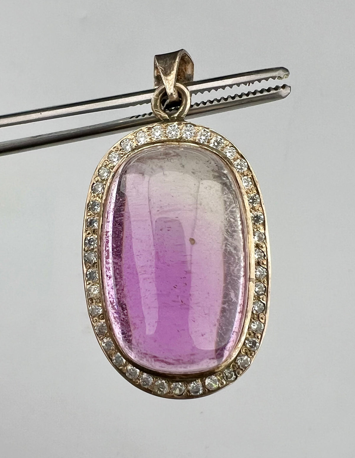 Natural Pink Kunzite Cabochon Pendant with White Zircon Halo, Oval Gemstone Jewelry, 16g