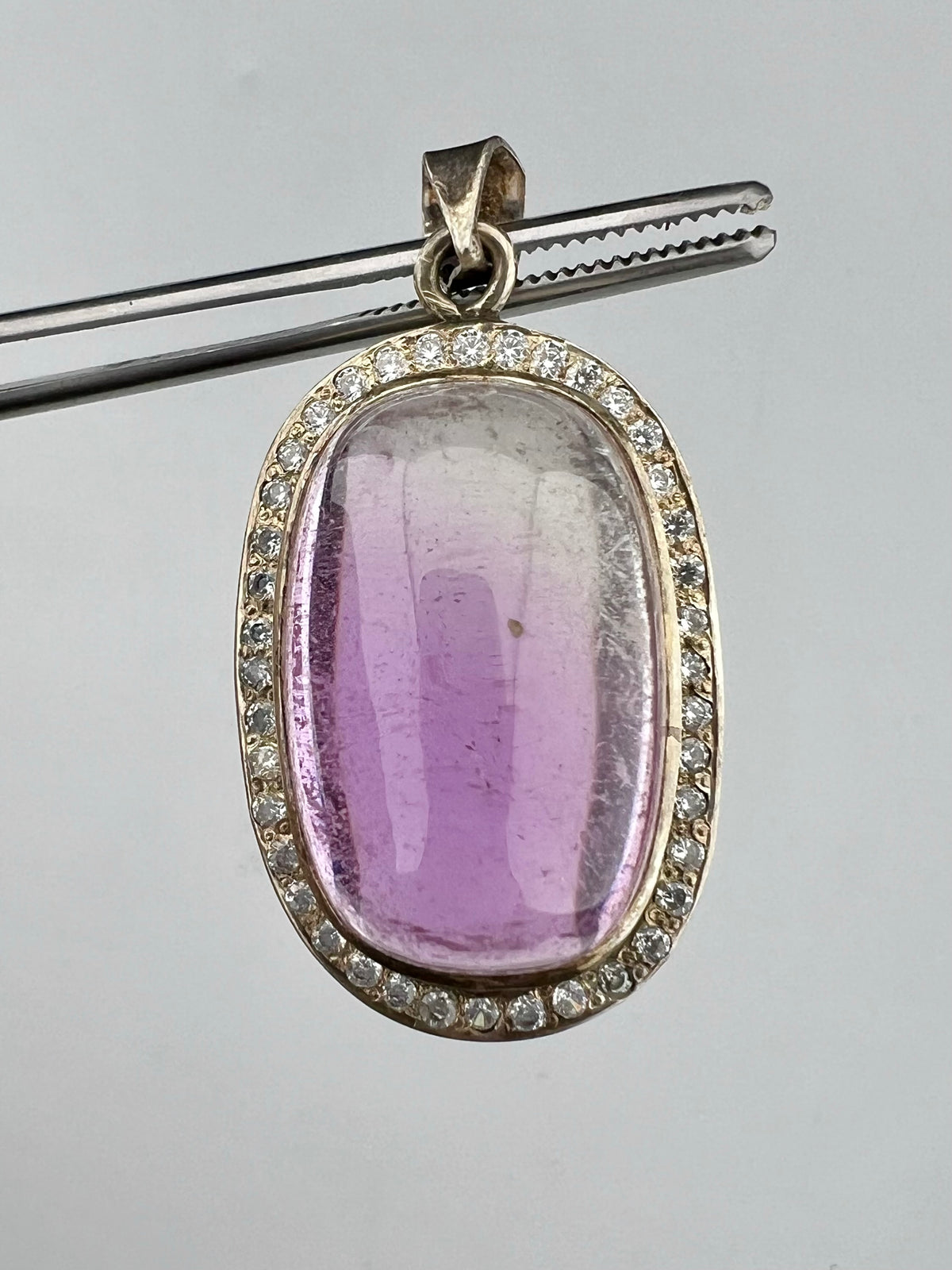 Natural Pink Kunzite Cabochon Pendant with White Zircon Halo, Oval Gemstone Jewelry, 16g