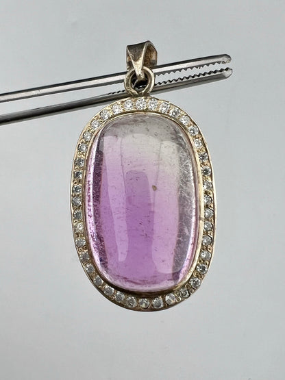 Natural Pink Kunzite Cabochon Pendant with White Zircon Halo, Oval Gemstone Jewelry, 16g