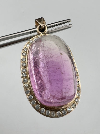 Natural Pink Kunzite Cabochon Pendant with White Zircon Halo, Oval Gemstone Jewelry, 16g
