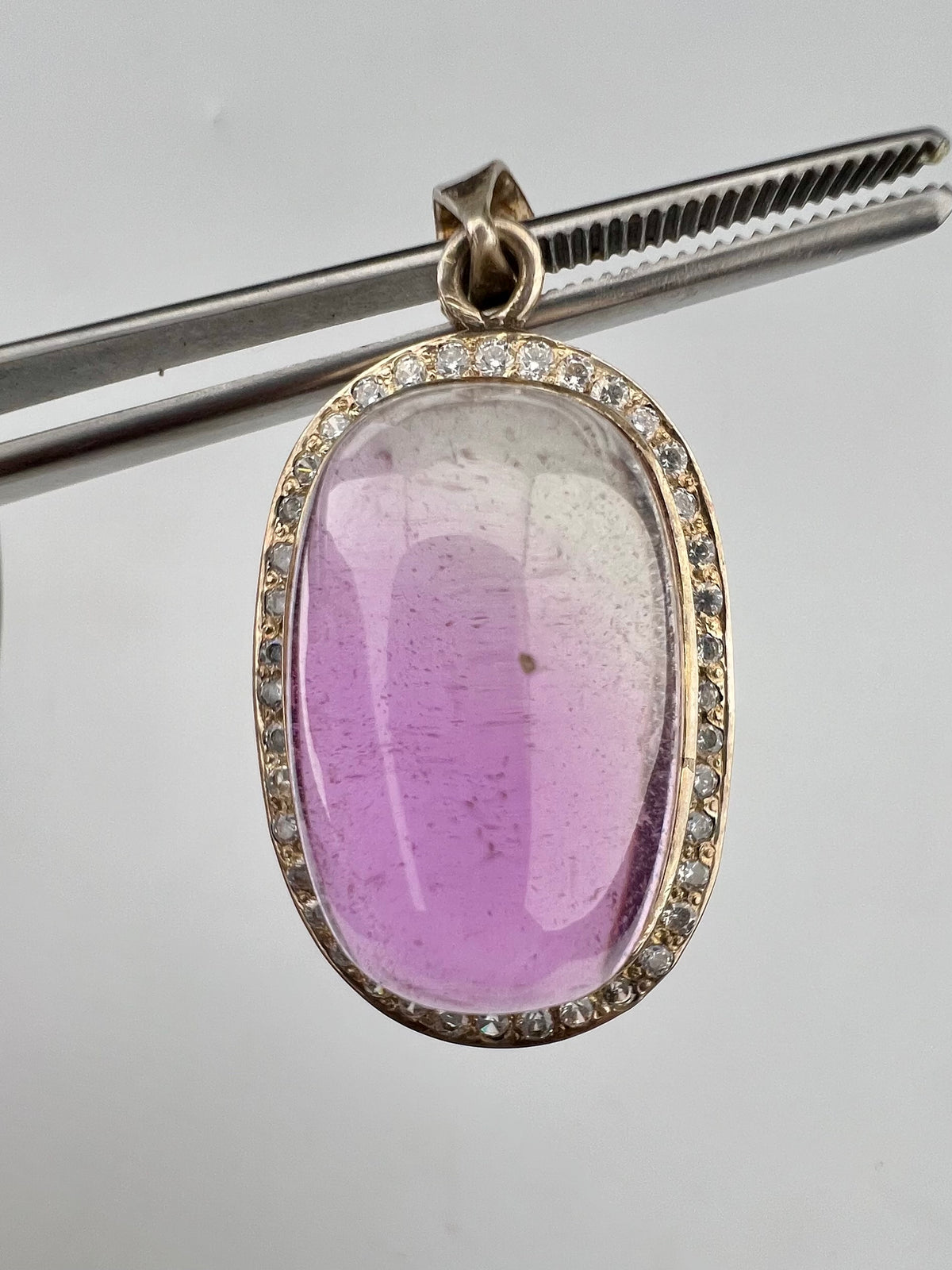 Natural Pink Kunzite Cabochon Pendant with White Zircon Halo, Oval Gemstone Jewelry, 16g