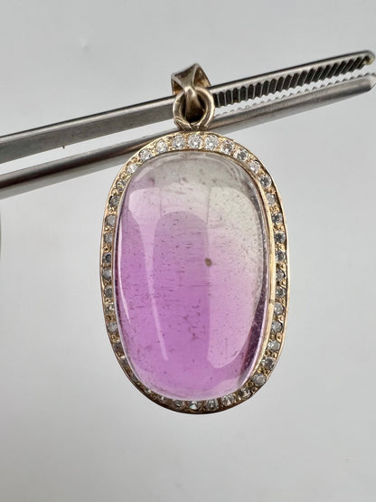 Natural Pink Kunzite Cabochon Pendant with White Zircon Halo, Oval Gemstone Jewelry, 16g