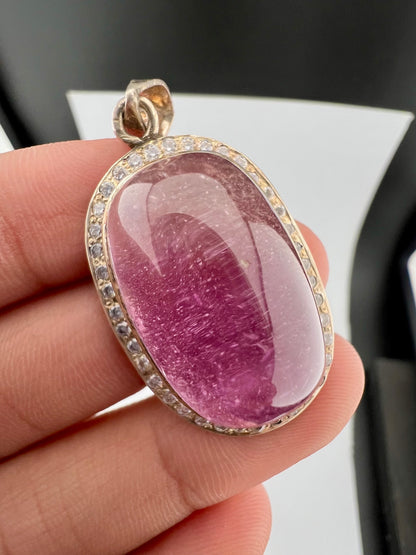 Natural Pink Kunzite Cabochon Pendant with White Zircon Halo, Oval Gemstone Jewelry, 16g