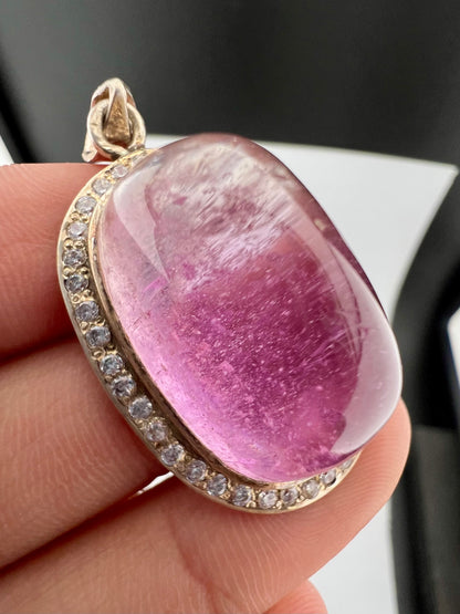 Natural Pink Kunzite Cabochon Pendant with White Zircon Halo, Oval Gemstone Jewelry, 16g