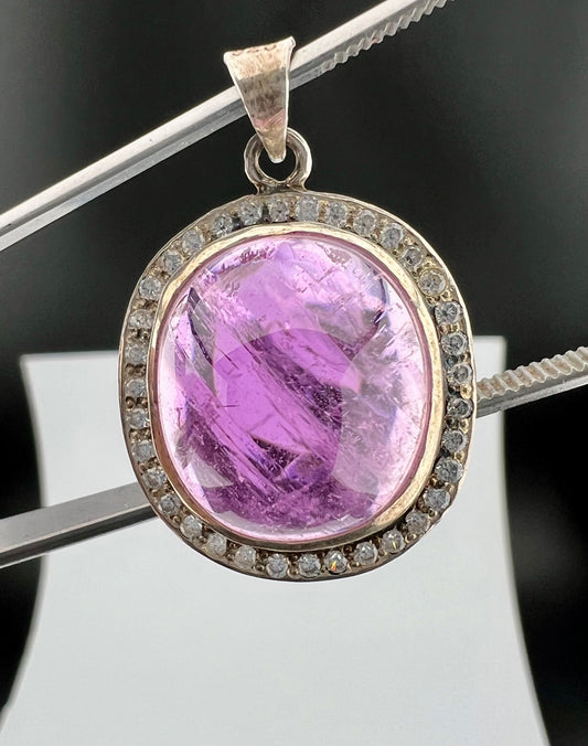 Natural Pink Kunzite Cabochon Pendant with White Zircon Halo, Oval Pink Crystal Jewelry, 10g
