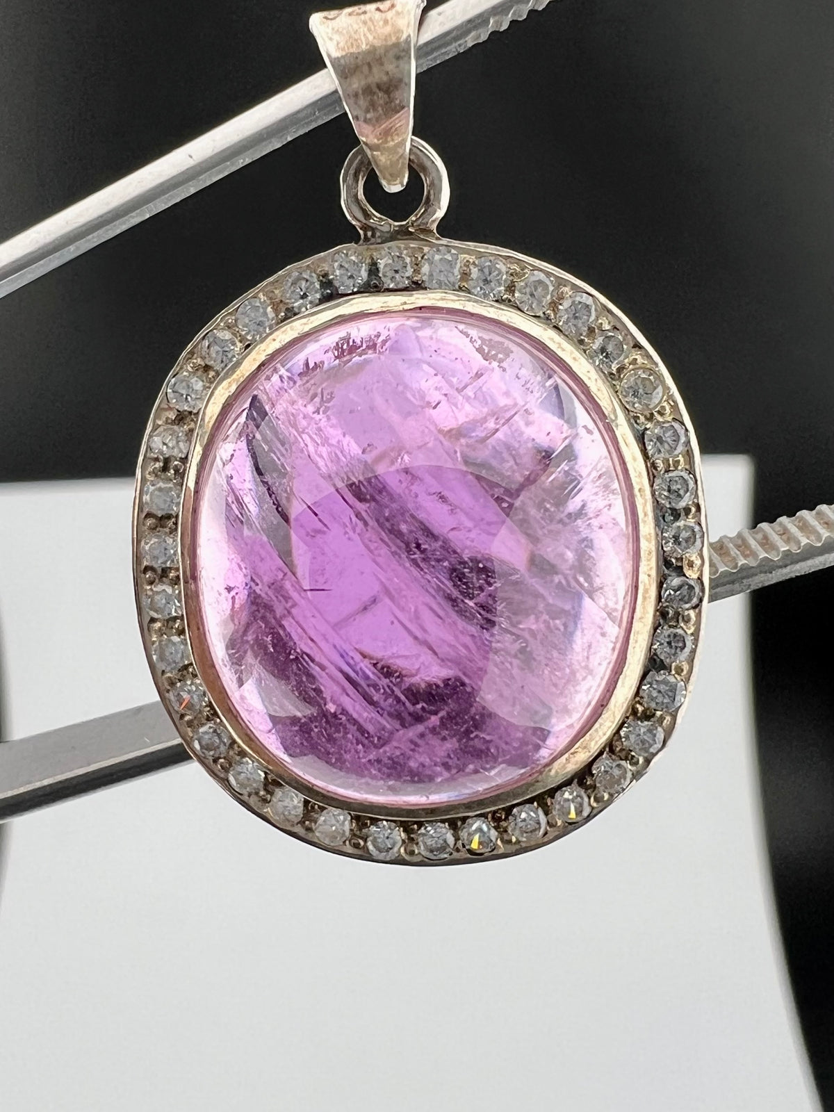 Natural Pink Kunzite Cabochon Pendant with White Zircon Halo, Oval Pink Crystal Jewelry, 10g
