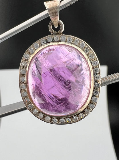 Natural Pink Kunzite Cabochon Pendant with White Zircon Halo, Oval Pink Crystal Jewelry, 10g