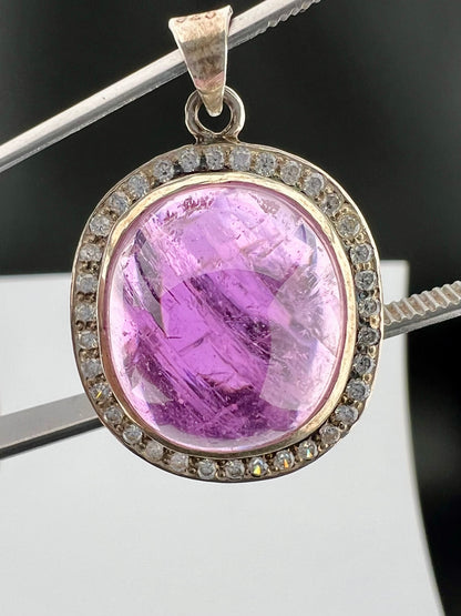 Natural Pink Kunzite Cabochon Pendant with White Zircon Halo, Oval Pink Crystal Jewelry, 10g