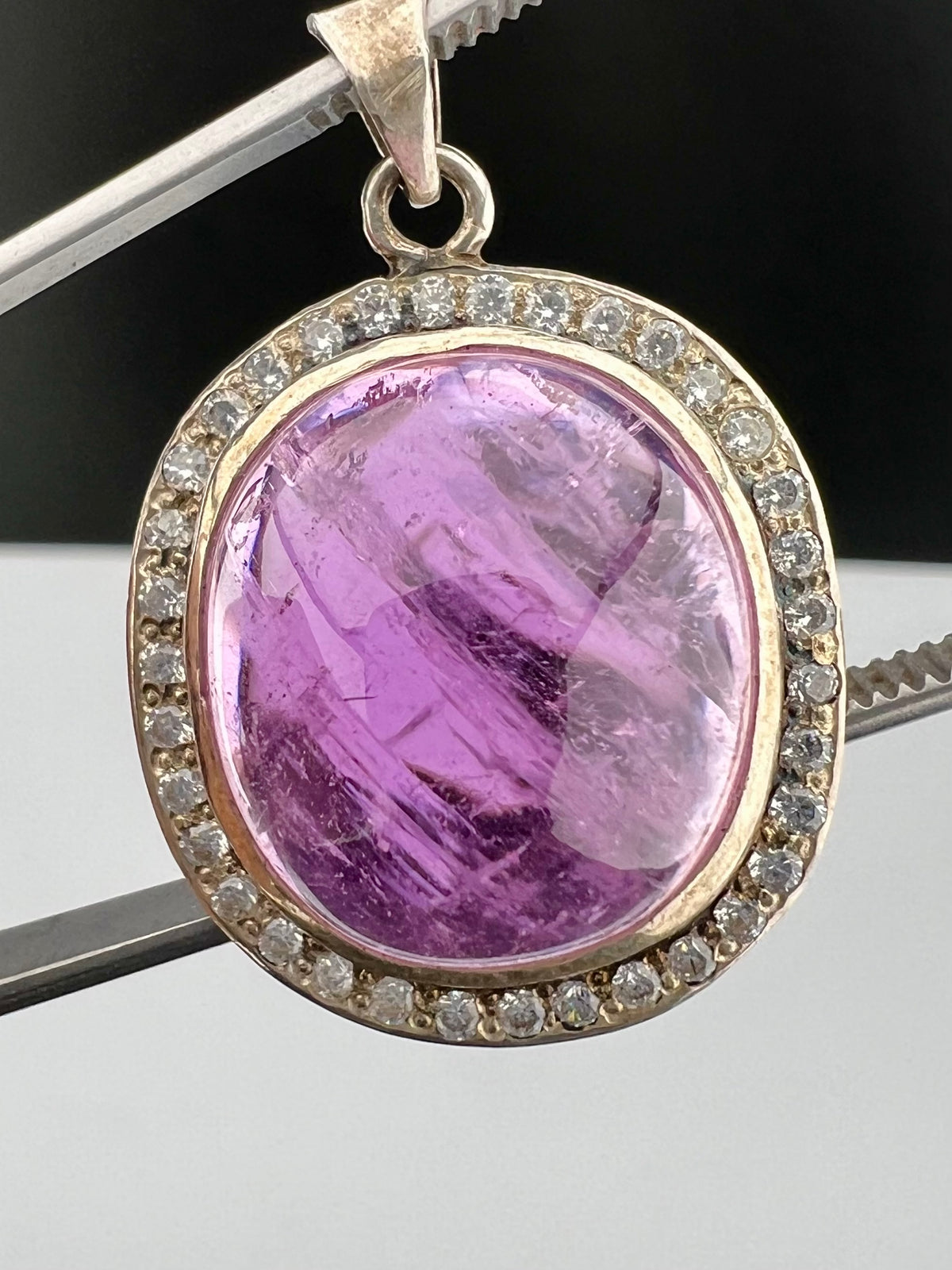 Natural Pink Kunzite Cabochon Pendant with White Zircon Halo, Oval Pink Crystal Jewelry, 10g