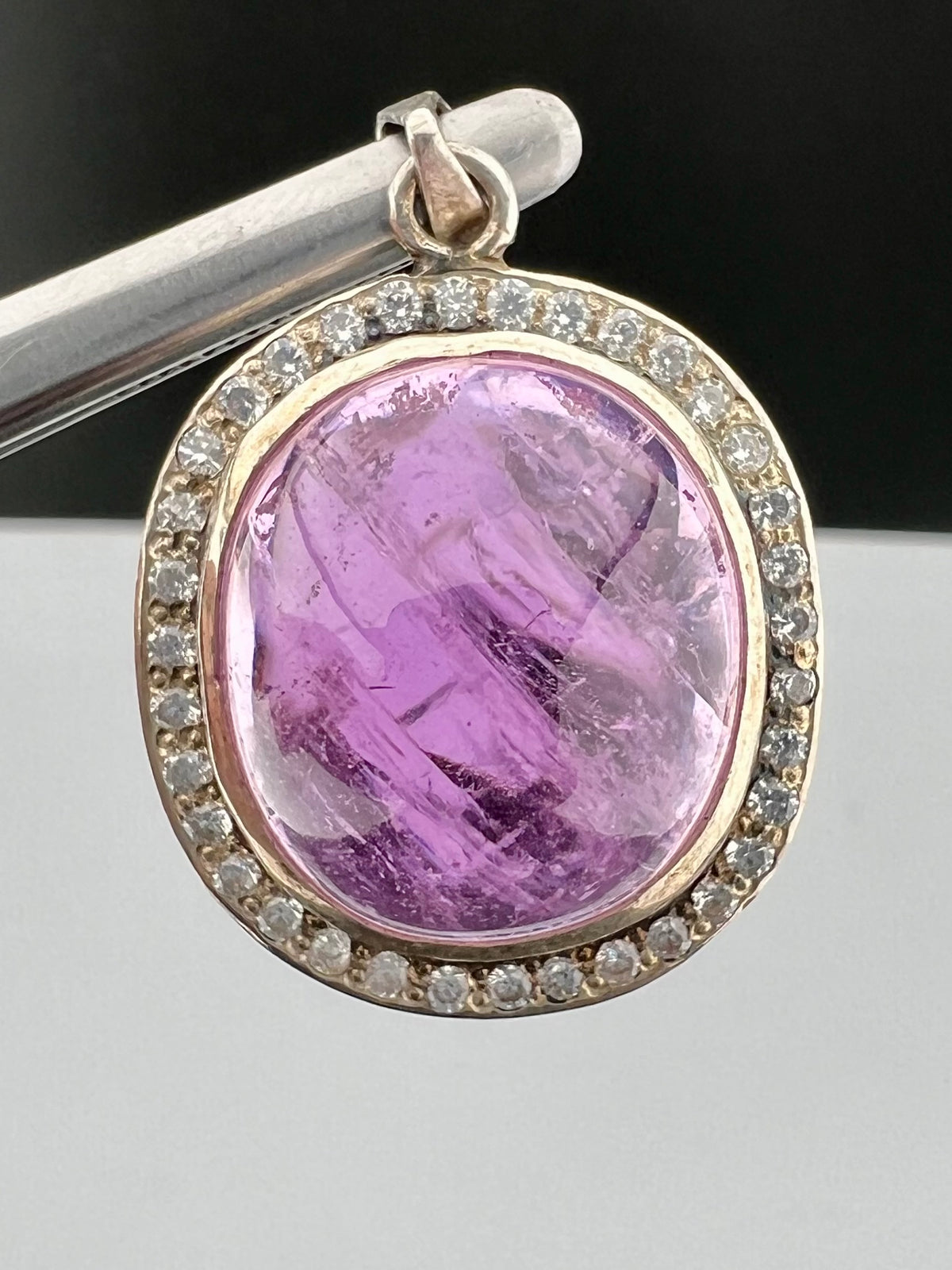 Natural Pink Kunzite Cabochon Pendant with White Zircon Halo, Oval Pink Crystal Jewelry, 10g