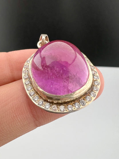 Natural Pink Kunzite Cabochon Pendant with White Zircon Halo, Oval Pink Crystal Jewelry, 10g