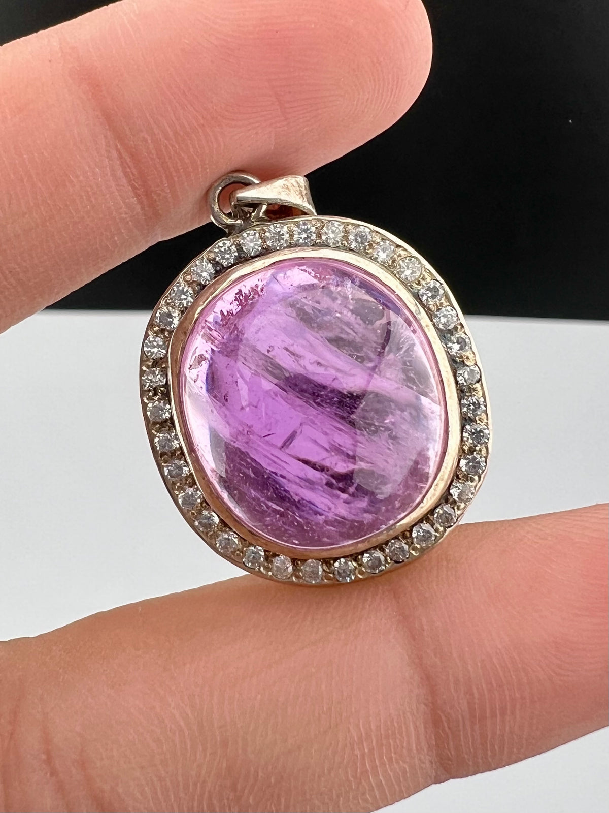 Natural Pink Kunzite Cabochon Pendant with White Zircon Halo, Oval Pink Crystal Jewelry, 10g