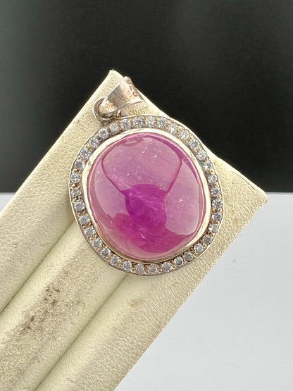 Natural Pink Kunzite Cabochon Pendant with White Zircon Halo, Oval Pink Crystal Jewelry, 10g