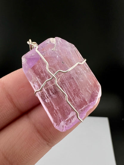 Natural Pink Kunzite Crystal Pendant, Raw Kunzite Wire Wrapped Jewelry 12g