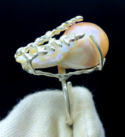 Natural pearl ring adjustable band close-up
June birthstone pearl ring handmade gift