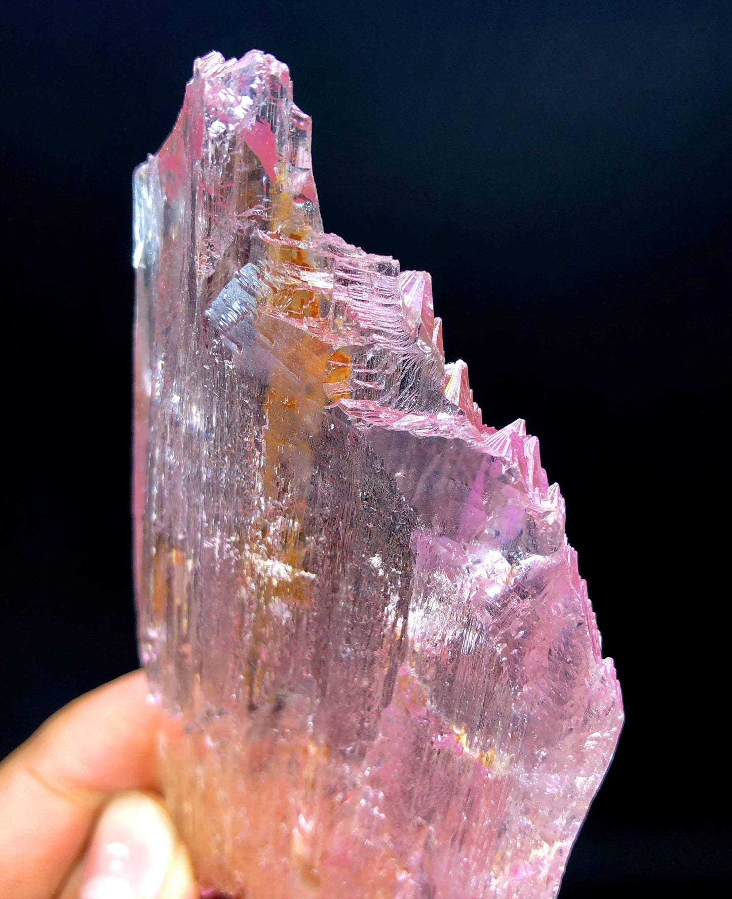 Kunzite crystal close-up, translucent pink with high clarity
150g raw pink kunzite stone — Minerals Paradise