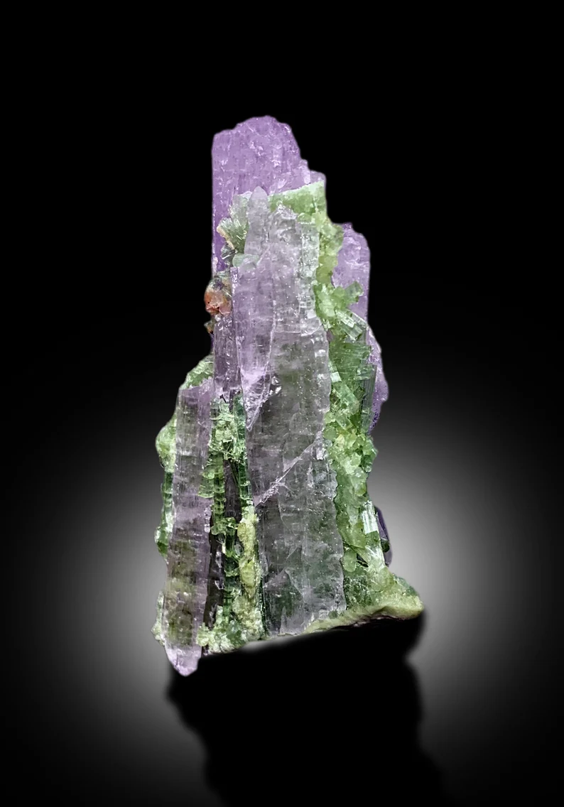 Pink kunzite cluster back angle view
Pink and green color contrast on combination specimen
Small kunzite tourmaline specimen for display