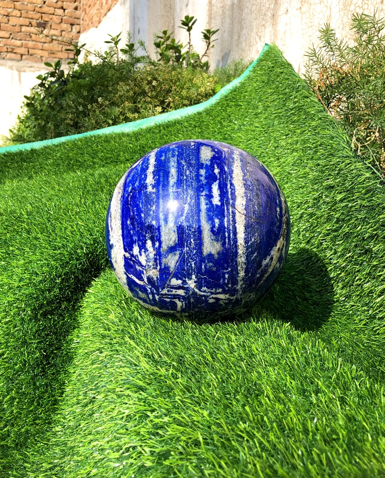 Lapis lazuli ball showing natural pyrite distribution
Large 160mm lapis lazuli sphere collector piece