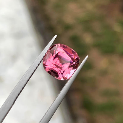 Faceted pink elbaite with square outline
Loose pink tourmaline showing its crown facets