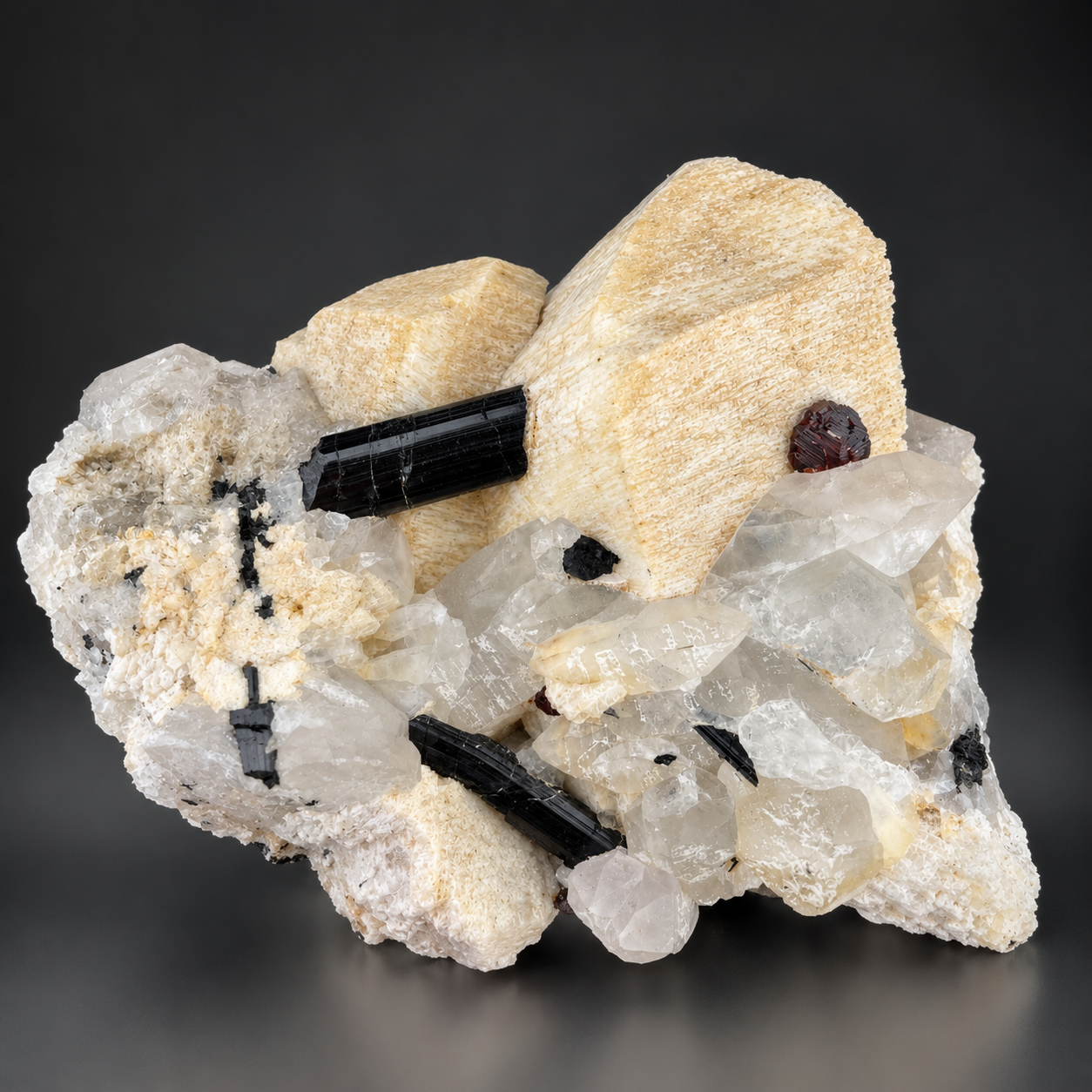 Red Spessertite Garnet Crystal With Schorl and Feldspar On Quartz From Pakistan - 1923 Grams