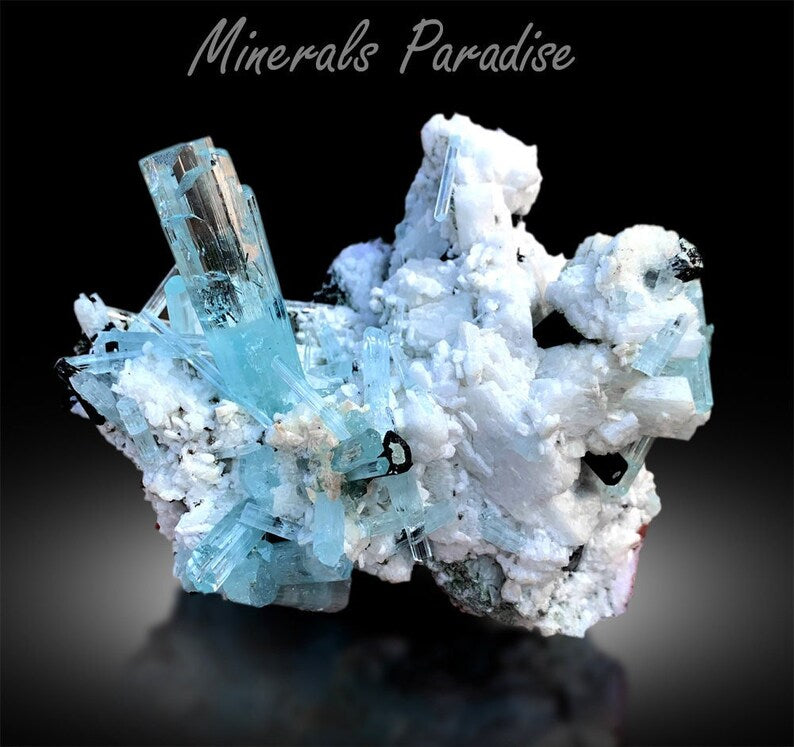 Natural blue aquamarine crystal cluster from Shigar Valley Pakistan
Gem grade aquamarine specimen with schorl and feldspar