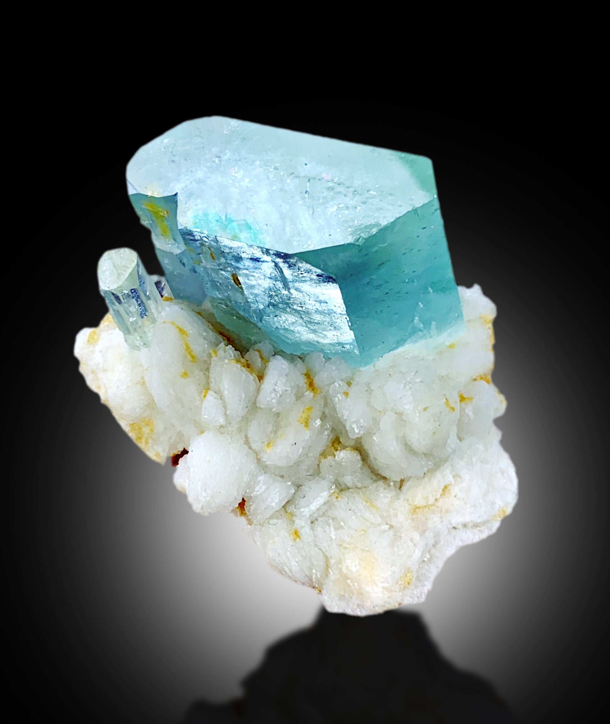 Natural blue beryl crystal on albite self-standing view
Aquamarine crystal termination intact undamaged tip