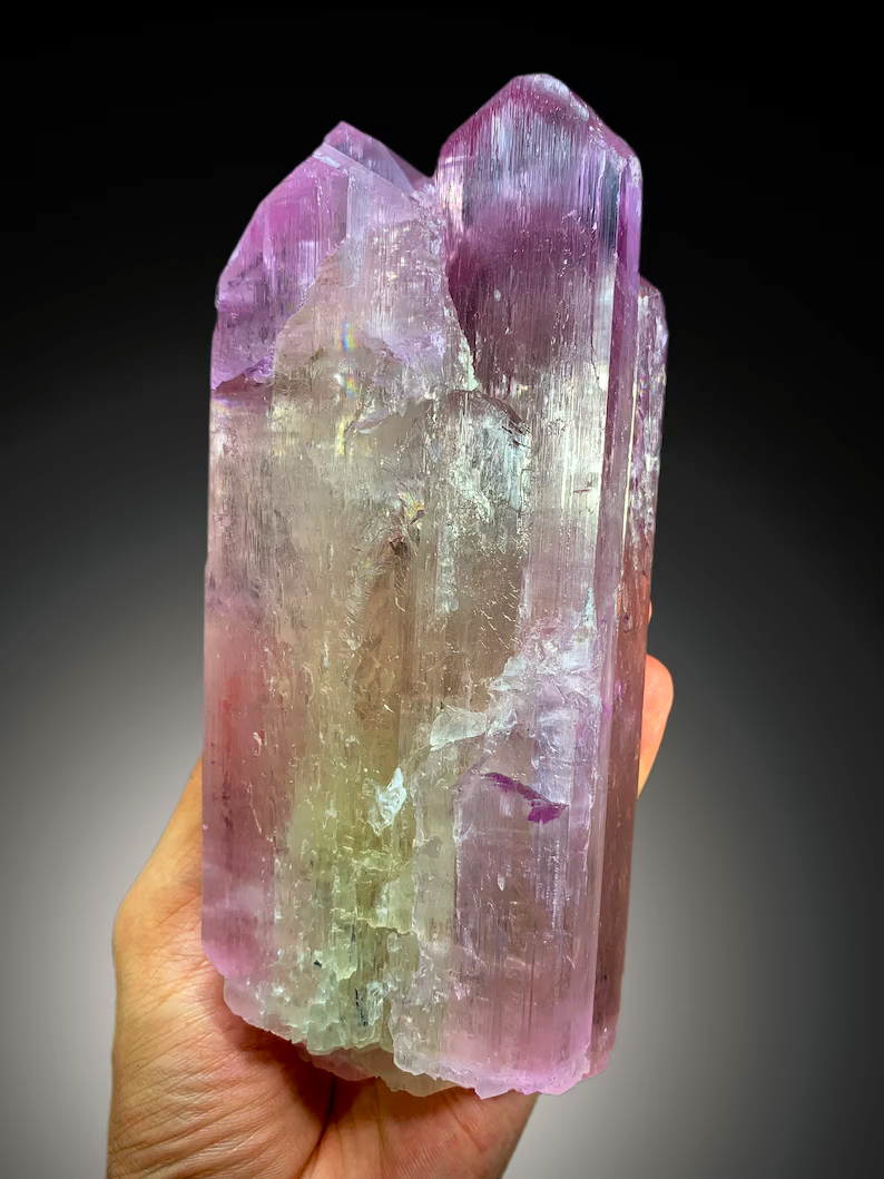 Natural double terminated crystal free of chips
Pink kunzite mineral specimen full length view
1134 gram kunzite crystal complete profile
Large pink kunzite crystal from Nuristan mine