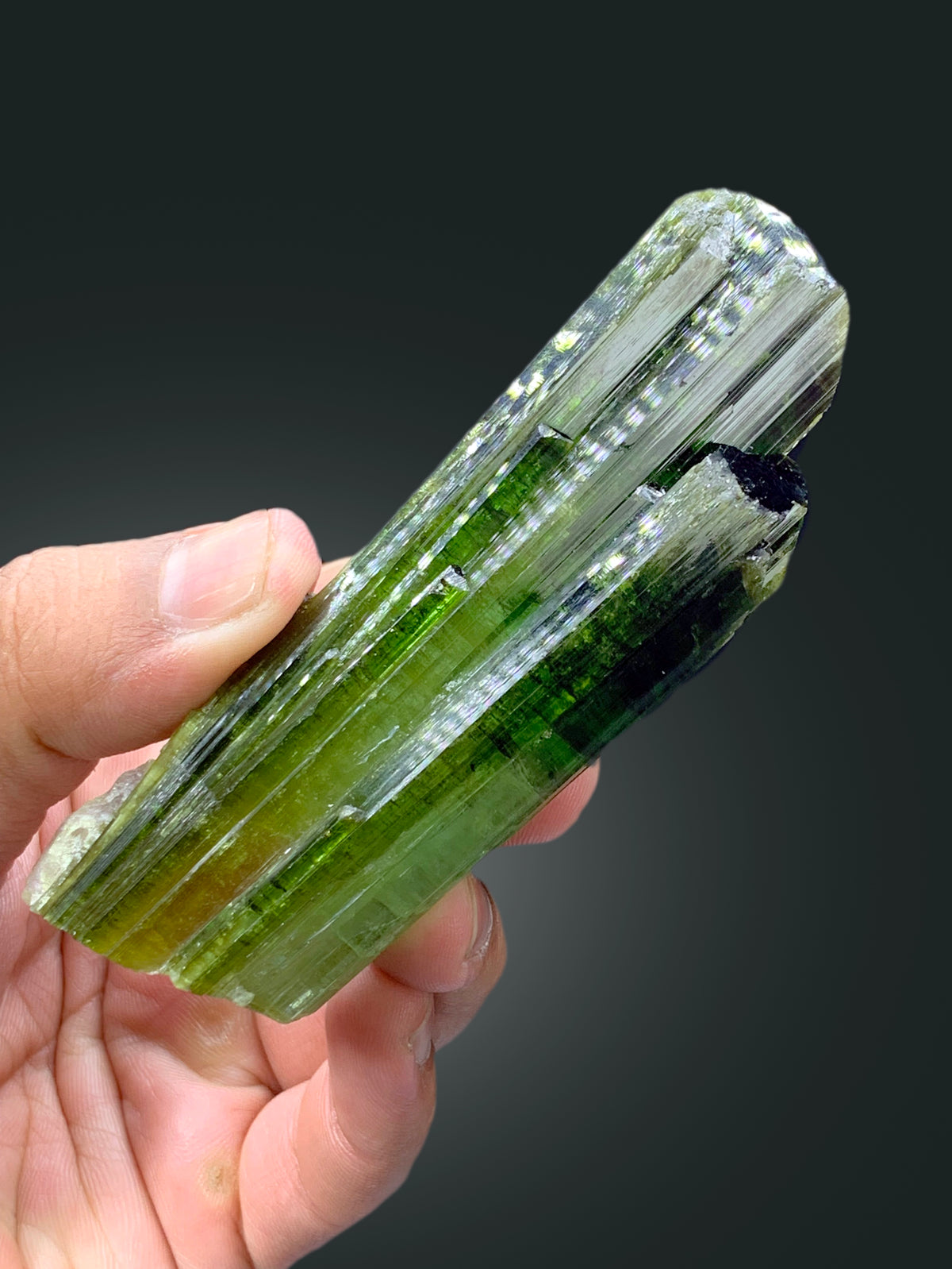 Natural elbaite tourmaline crystal from Afghanistan
Green tourmaline crystal, termination point detail