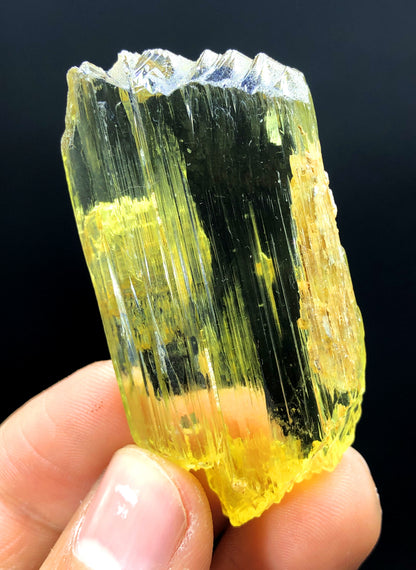 Natural etched mountain shape crystal termination
Yellow triphane mineral specimen full length view