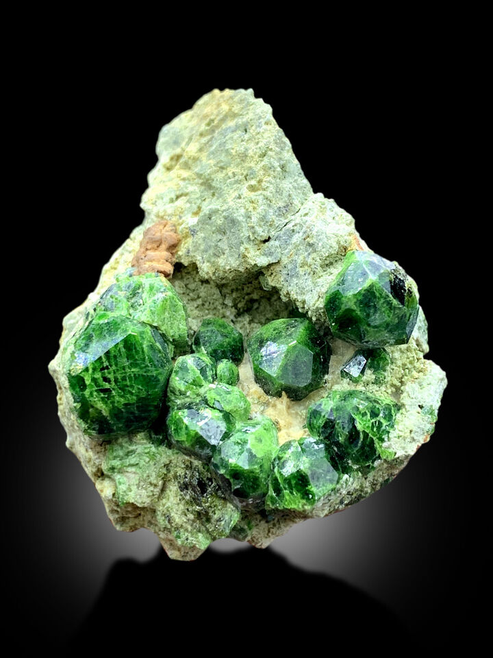 Lush green garnet crystal display specimen
Collector grade Demantoid Garnet mineral
Natural green garnet cluster specimen