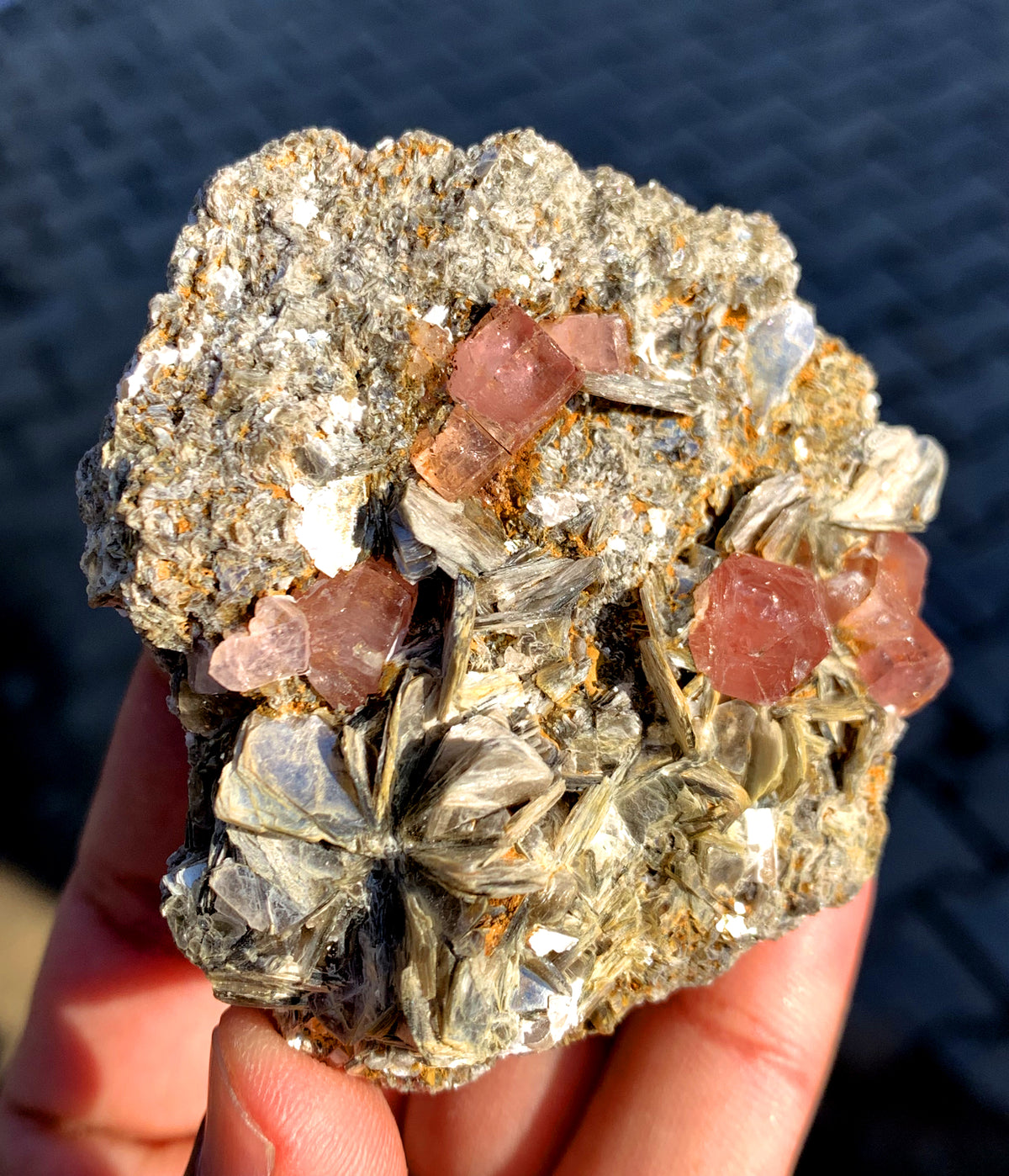 Natural pink apatite, angled display view
Self standing apatite crystal, back view