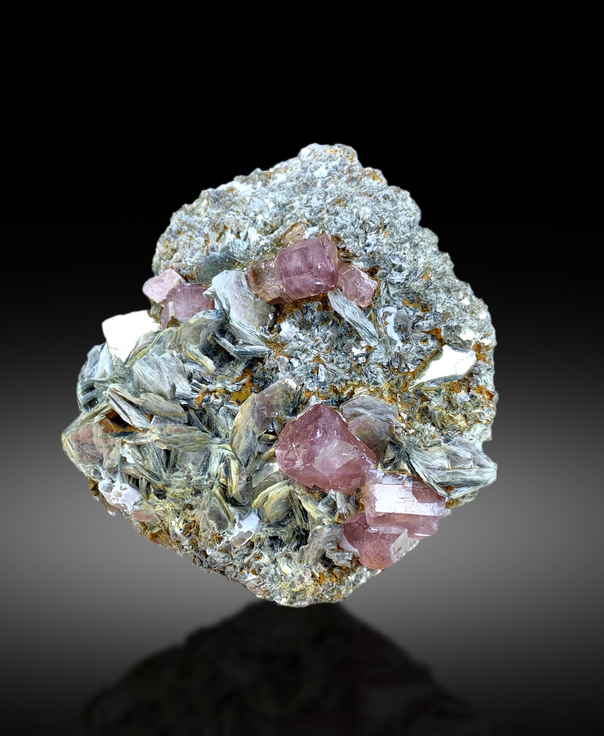 Natural pink apatite specimen, display angle
Apatite with mica, front view
Pink apatite crystal specimen, full view
Natural apatite from Skardu, angled view