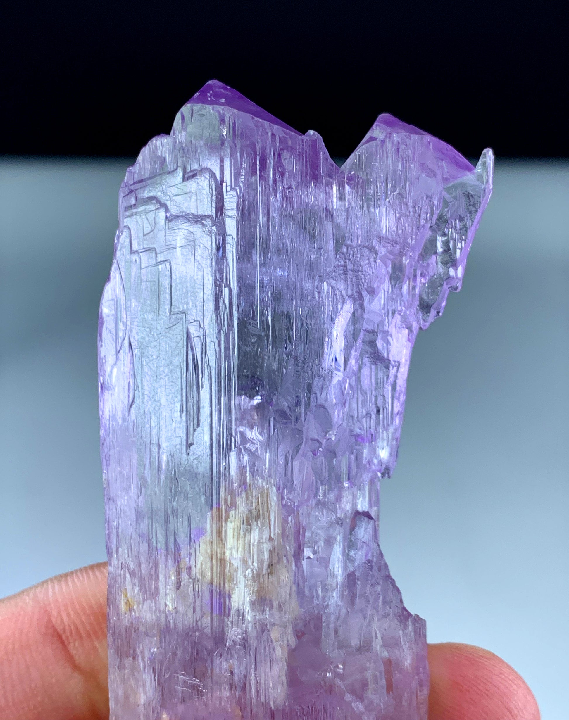 Rare kunzite mountain peak termination face-up view
Natural pink kunzite crystal display specimen Afghanistan