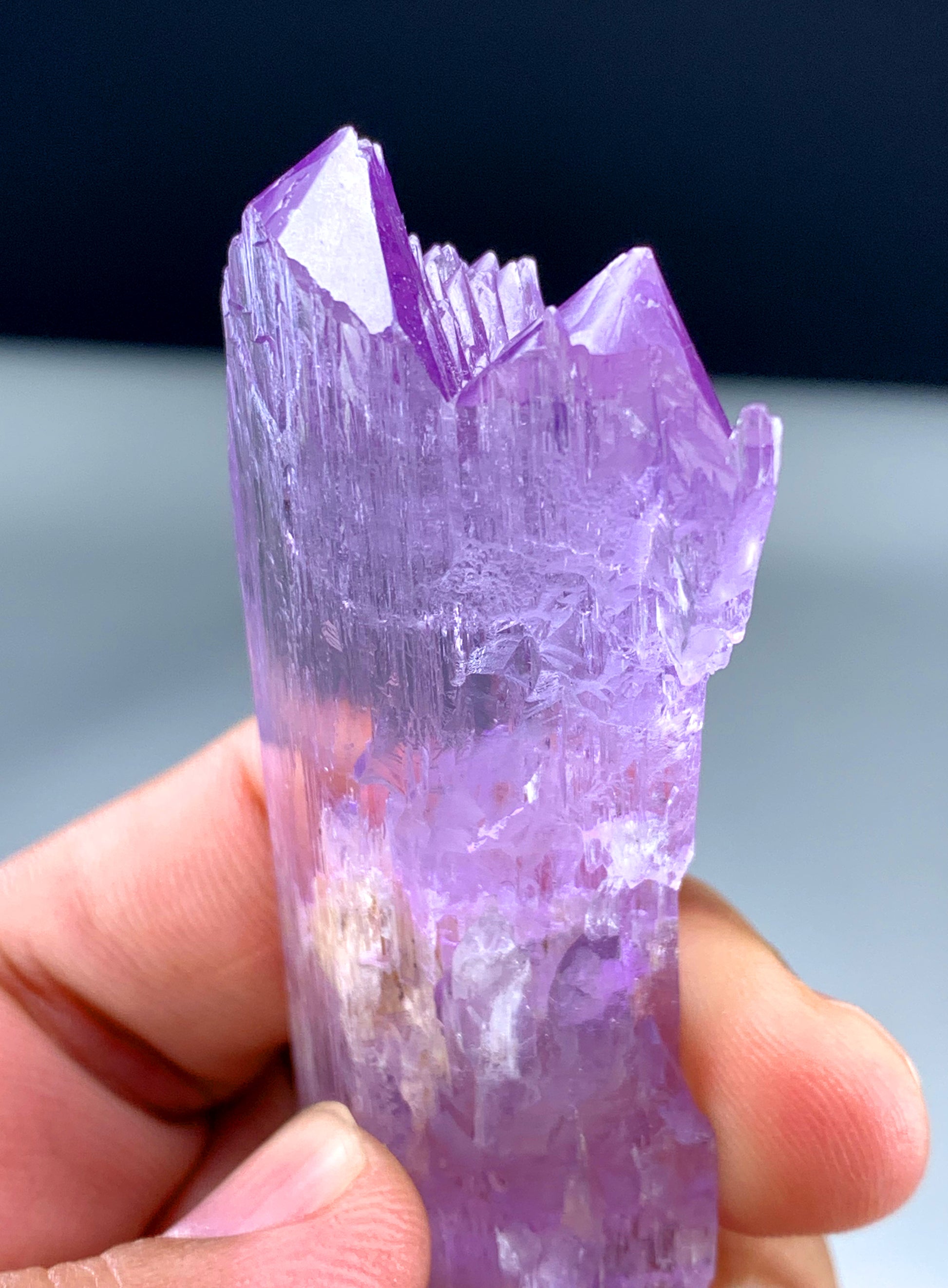 Natural pink kunzite crystal excellent luster
Etched kunzite showing stepped mountain termination faces
