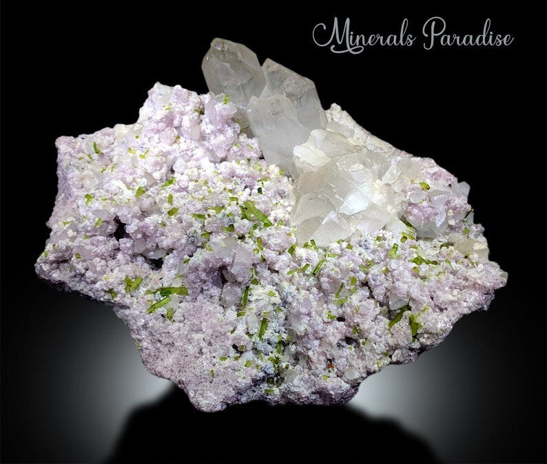 Natural quartz crystals with green tourmaline matrix
Three mineral combination green tourmaline pink lepidolite quartz