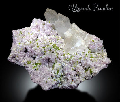 Natural quartz crystals with green tourmaline matrix
Three mineral combination green tourmaline pink lepidolite quartz