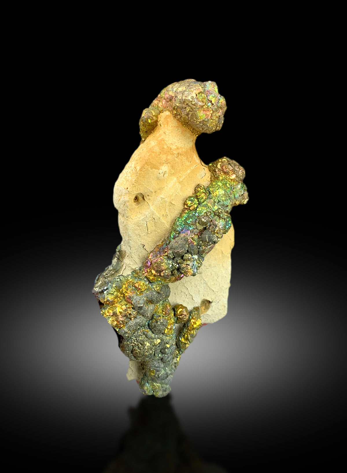 Natural rainbow pyrite crystal specimen on yellow limonite matrix
Iridescent pyrite mineral specimen from Dara-i-Adam Khel, Pakistan