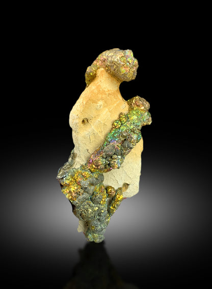 Natural rainbow pyrite crystal specimen on yellow limonite matrix
Iridescent pyrite mineral specimen from Dara-i-Adam Khel, Pakistan
