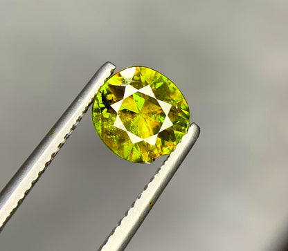 Loose round green sphene, front view
Natural green titanite, side profile
Round cut sphene, crown facet detail
Green sphene gemstone, faceted view
Natural round cut sphene, angled view
1.55 carat green sphene, full view