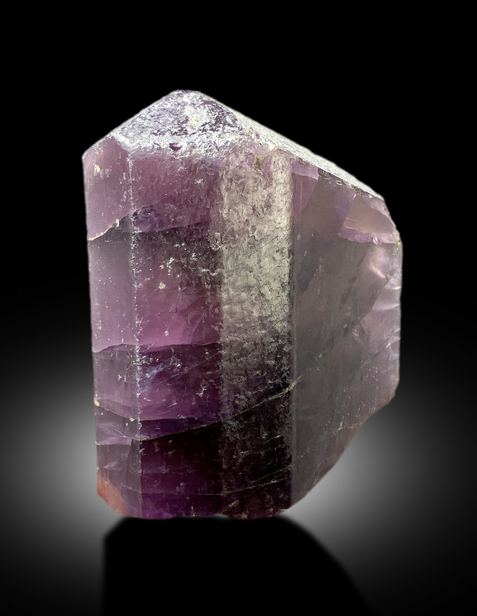 Natural terminated crystal free of chips or damage
Purple scapolite mineral specimen full length view
308 gram scapolite crystal complete profile
Rare purple scapolite crystal from Afghan pegmatite