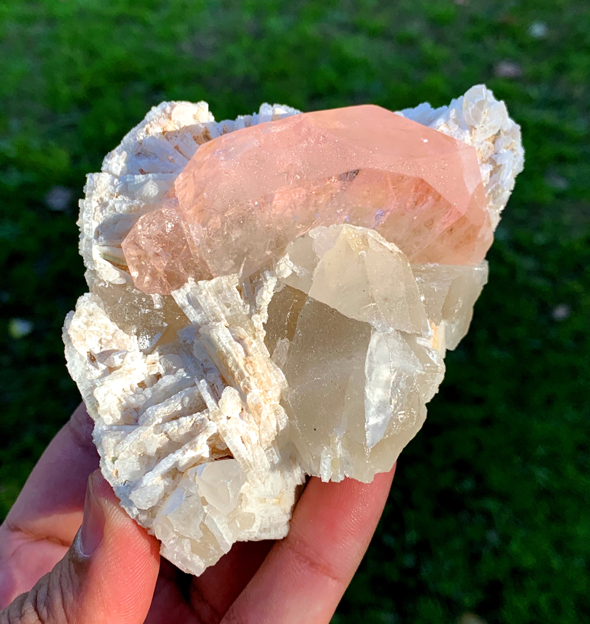 Morganite crystal on Quartz matrix
Pink Morganite mineral specimen 424 gram