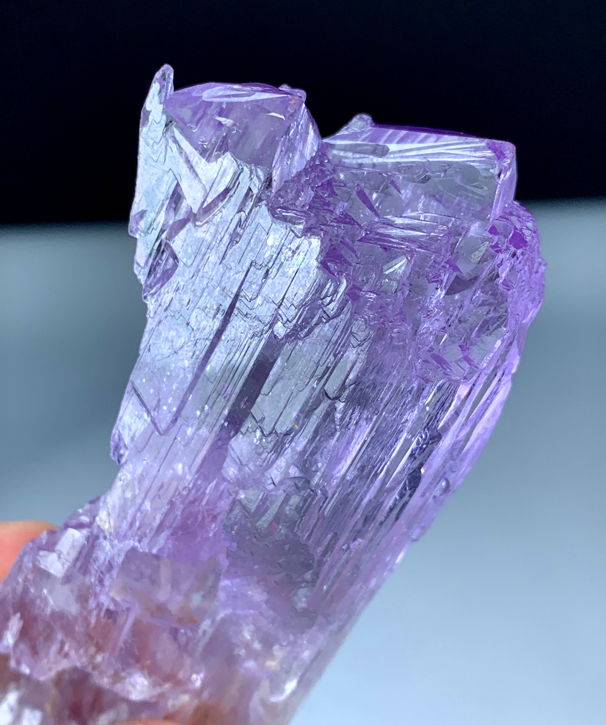 Pink kunzite 76 gram collector specimen top view
Complex multi-faced kunzite termination natural geology