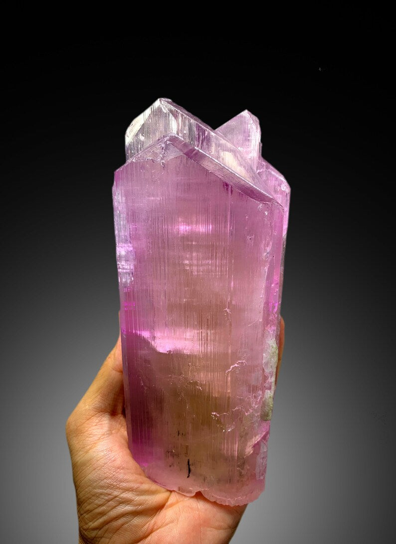 Pink kunzite crystal with scale reference for size
Double terminated point of natural kunzite crystal