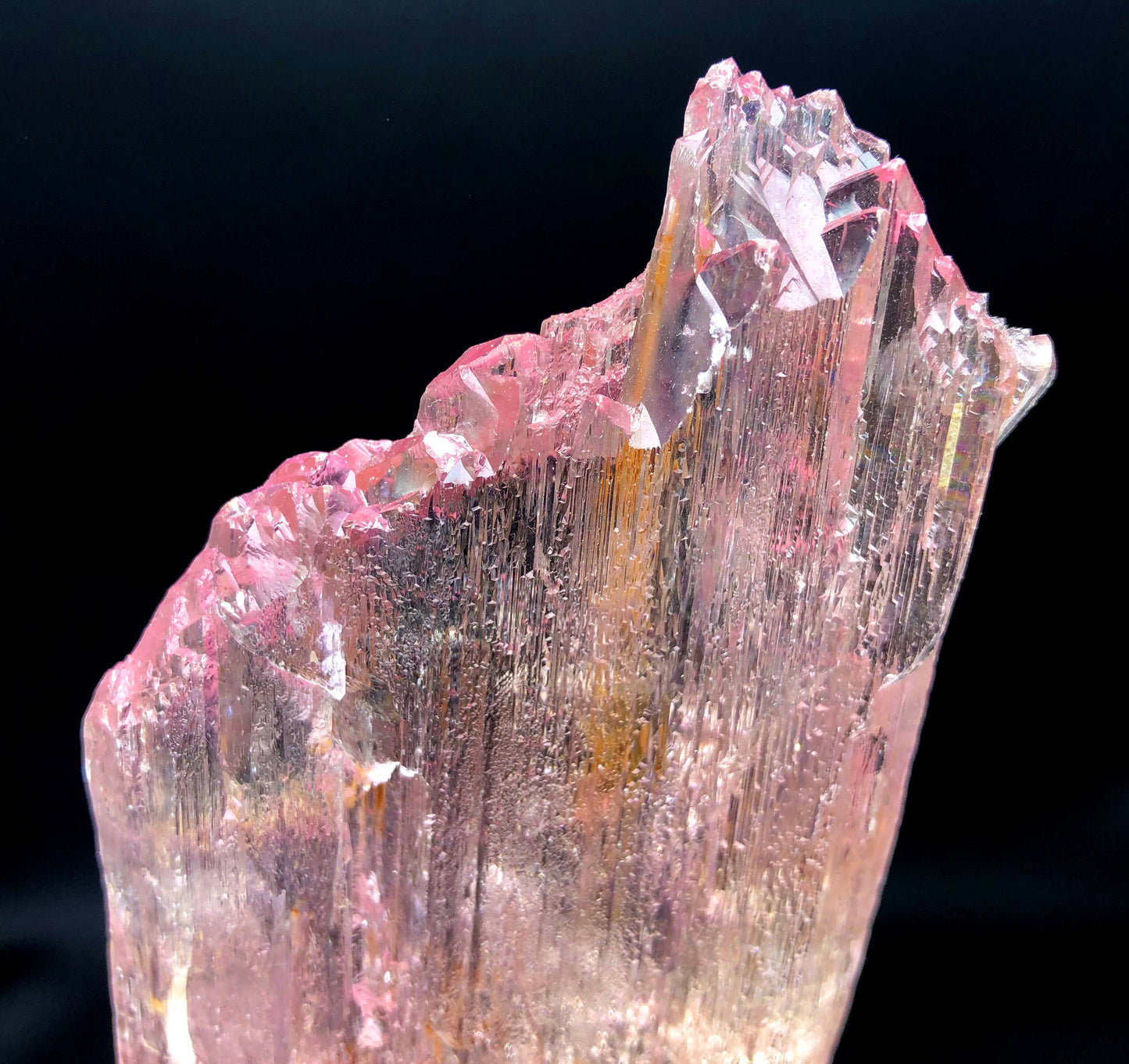 Raw kunzite mineral specimen, collector grade clarity
Pink kunzite stone front view, full crystal structure