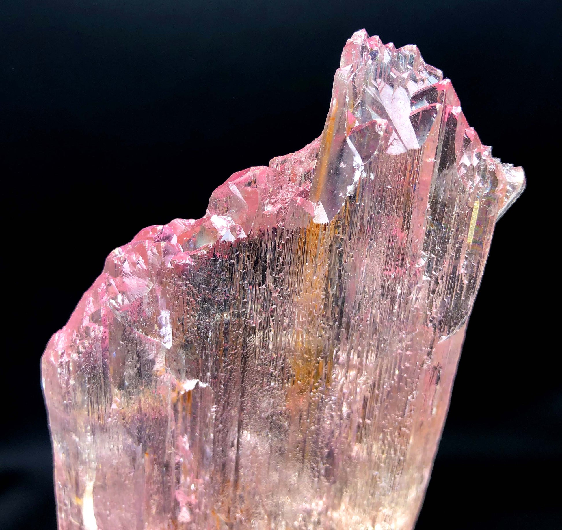 Raw kunzite mineral specimen, collector grade clarity
Pink kunzite stone front view, full crystal structure