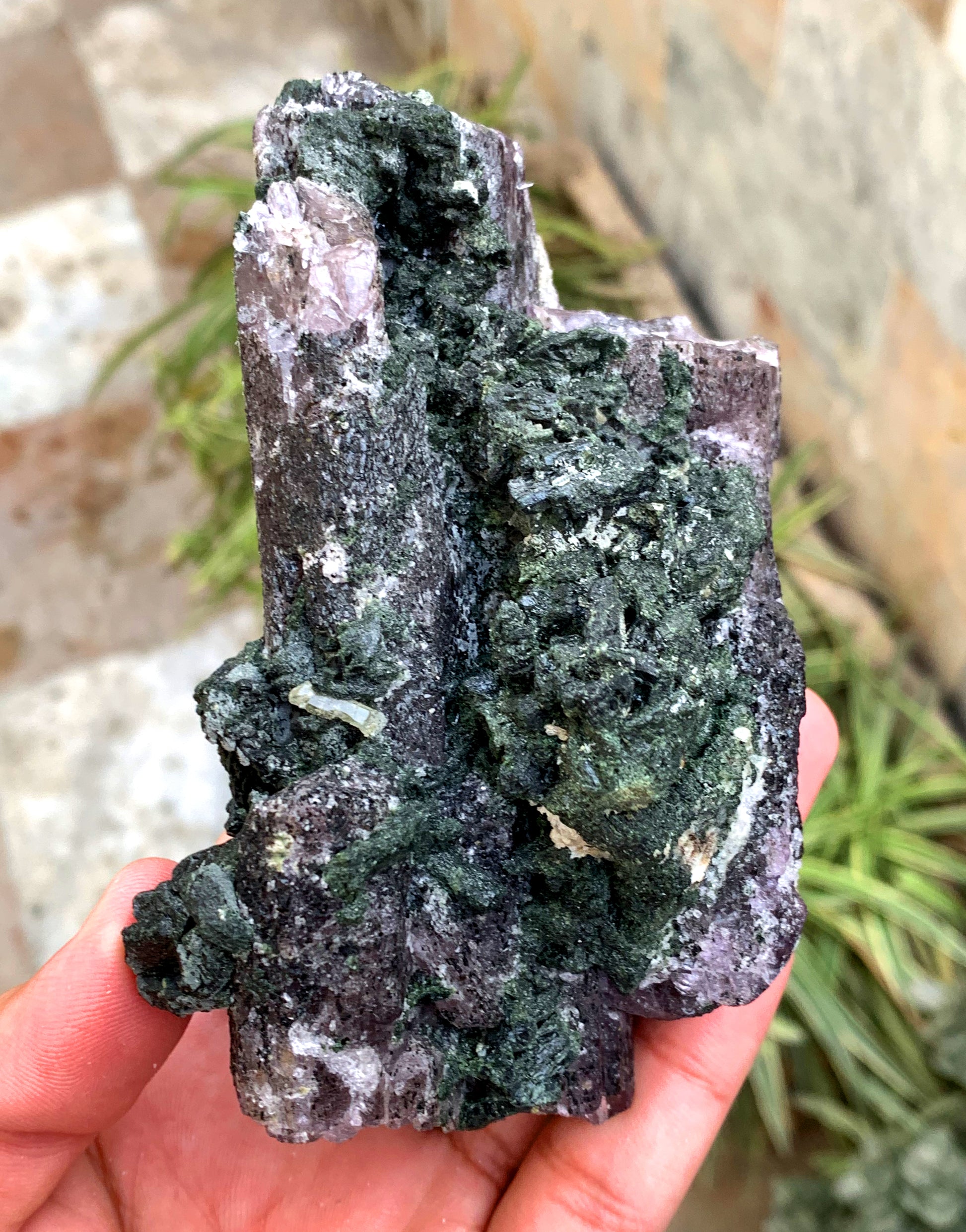 Purple scapolite crystal with green diopside contrast