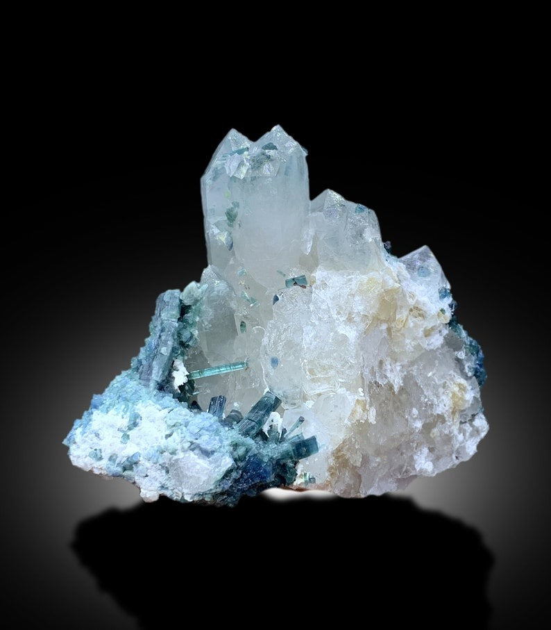Natural terminated crystals free of chips or damage
Rare blue tourmaline mineral specimen full view
380 gram indicolite tourmaline complete profile