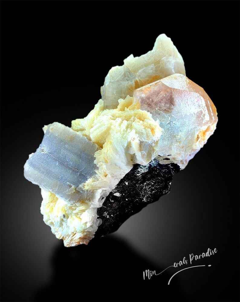 Rare morganite aquamarine core combination specimen
AquaMorganite crystal with black tourmaline schorl mica