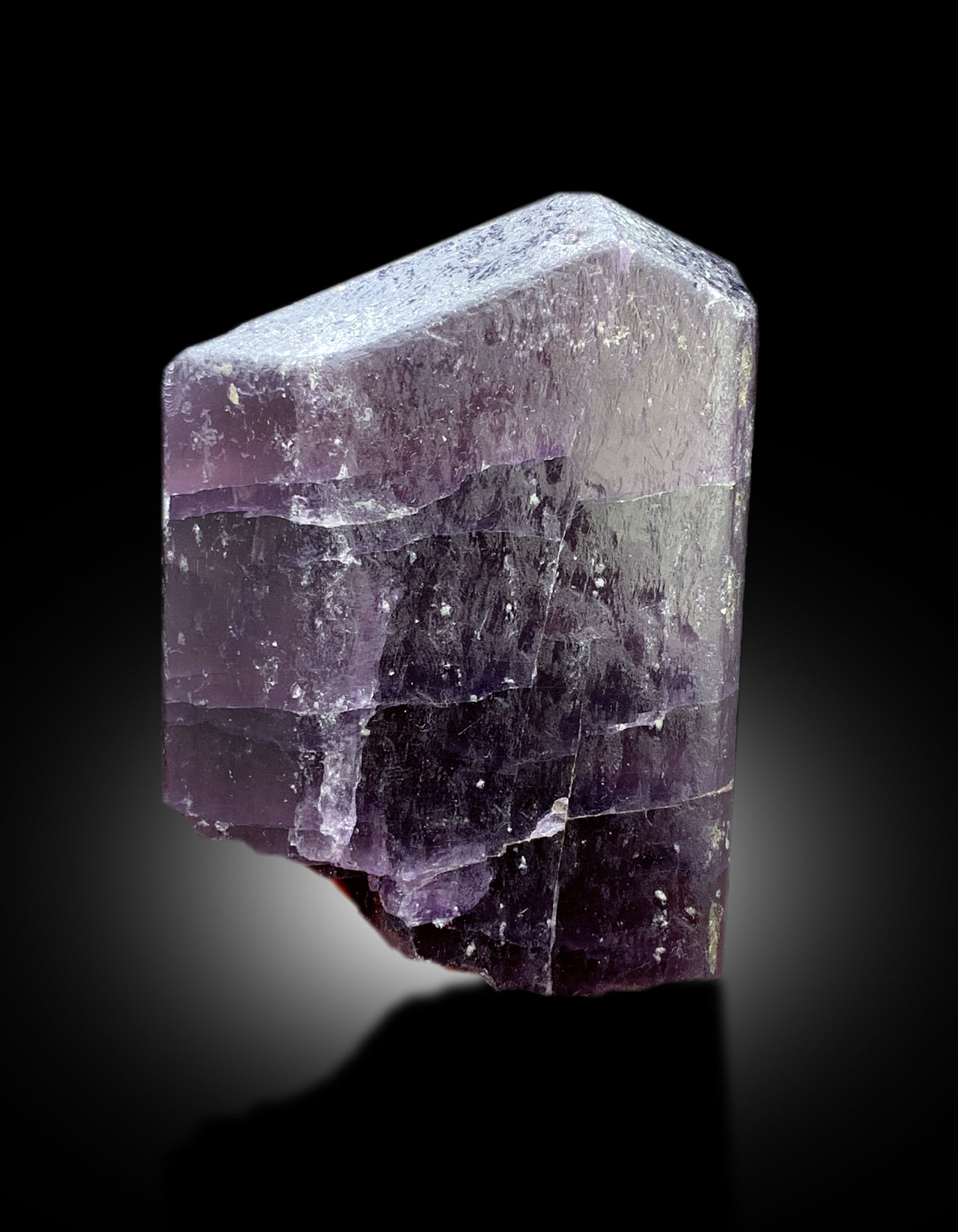 Rich purple color detail on scapolite crystal
Raw mineral scapolite crystal on display stand