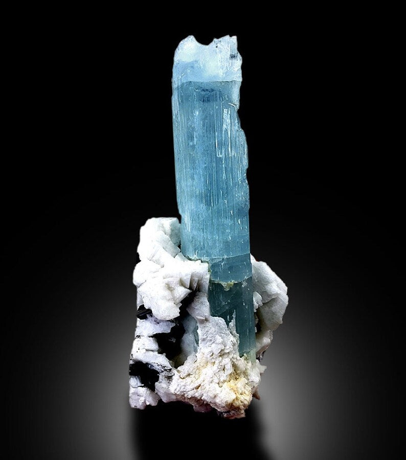 Blue and black color contrast on aquamarine specimen
Self standing aquamarine crystal display position